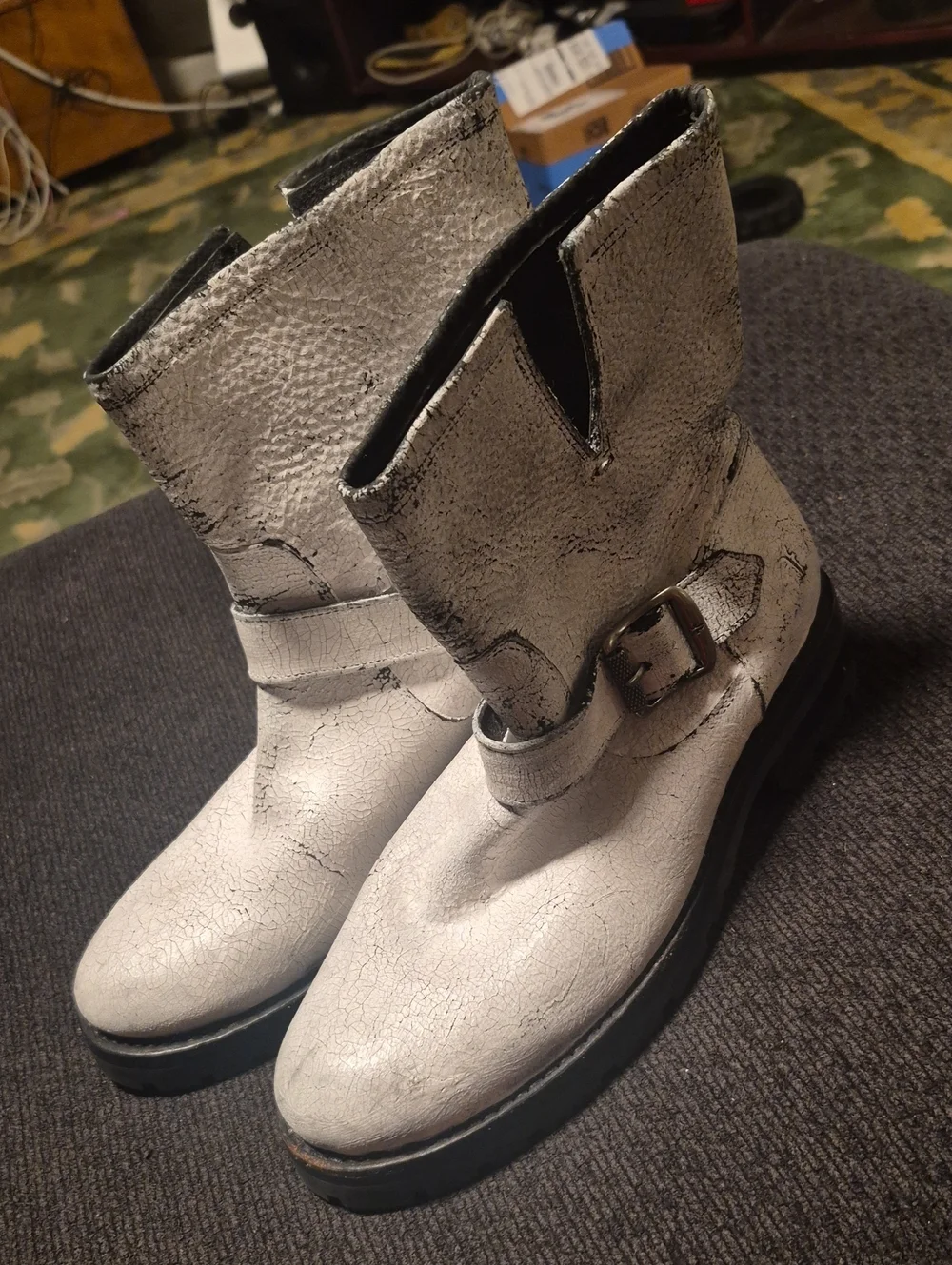 Frye White Distressed Leather Buckle Ankle Boots